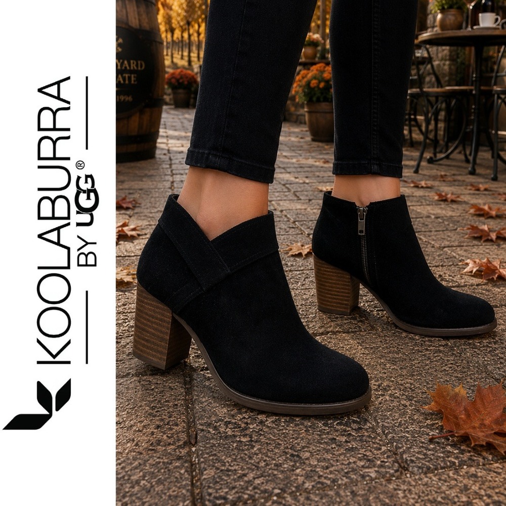 Koolaburra by UGG, Black Suede Ankle Booties Ortholite Block Stacked Heel Size 7